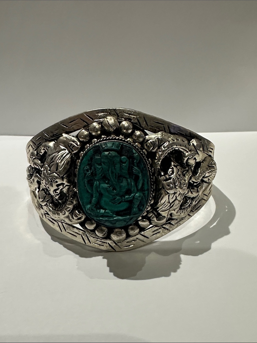 🐘 Tibetan Ganesha Carved Green Turquoise Wide Cuff Bangle
